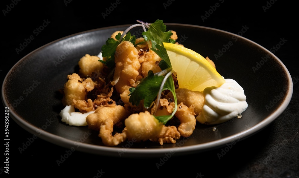 a plate of food that includes cauliflower and a lemon wedge on a black tablecloth with a black background and a black table cloth. generative ai a plate of food that includes cauliflower and a lemon wedge on a black tablecloth with a black background and a black table cloth. generative ai