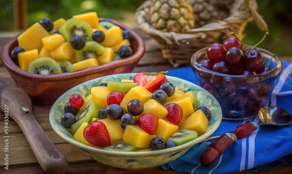 a bowl of fruit and a bowl of grapes and kiwis on a table with a knife and fork and a bowl of pineapple. generative ai a bowl of fruit and a bowl of grapes and kiwis on a table with a knife and fork and a bowl of pineapple. generative ai
