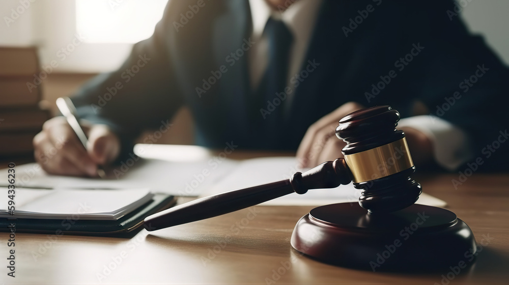 Judge filling out paperwork in the courtroom. Based on Generative AI Judge filling out paperwork in the courtroom. Based on Generative AI