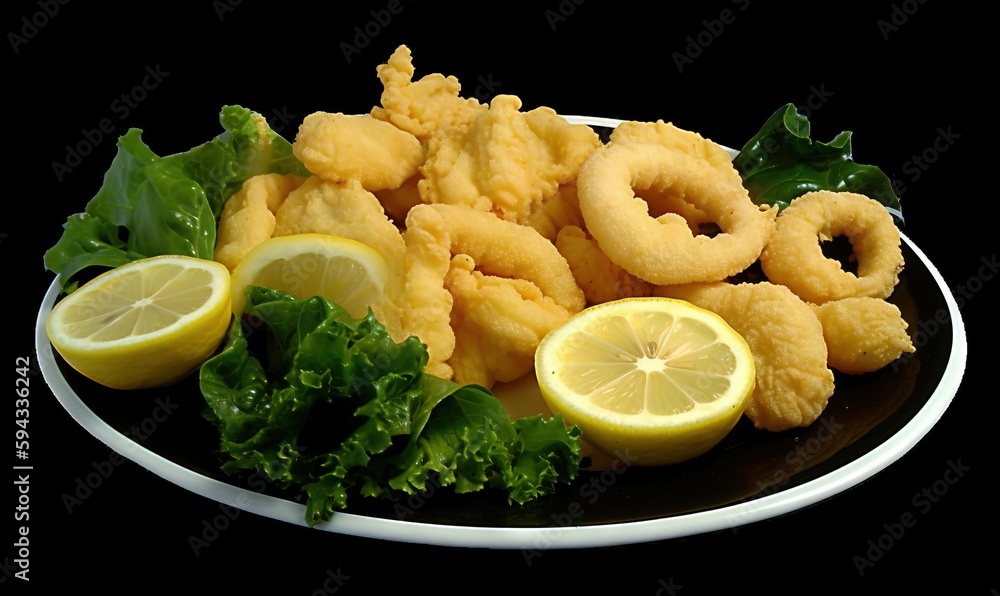 a plate of food with lemons, lettuce, and fried shrimp on it with a side of lemon wedges and lettuce. generative ai a plate of food with lemons, lettuce, and fried shrimp on it with a side of lemon wedges and lettuce. generative ai