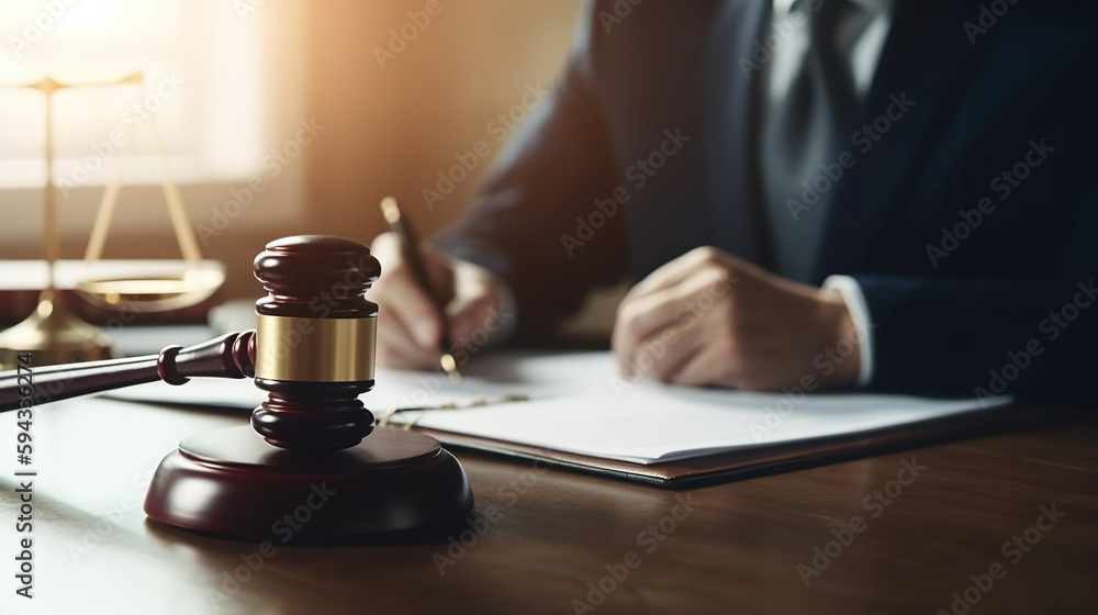 Judge filling out paperwork in the courtroom. Based on Generative AI Judge filling out paperwork in the courtroom. Based on Generative AI
