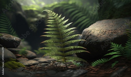  a fern is growing on a rock in a forest area with rocks and grass in the foreground  and a dark background with a light coming from behind it.  generative ai