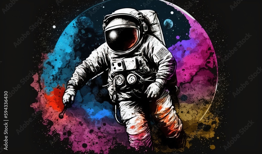 an astronaut in a space suit with a helmet on and a paint splattered circle behind him, with the space shuttle in the background.  generative ai