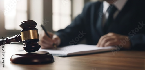 Judge filling out paperwork in the courtroom. Based on Generative AI