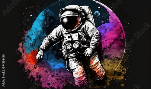  an astronaut in a space suit with a helmet on and a paint splattered circle behind him, with the space shuttle in the background. generative ai