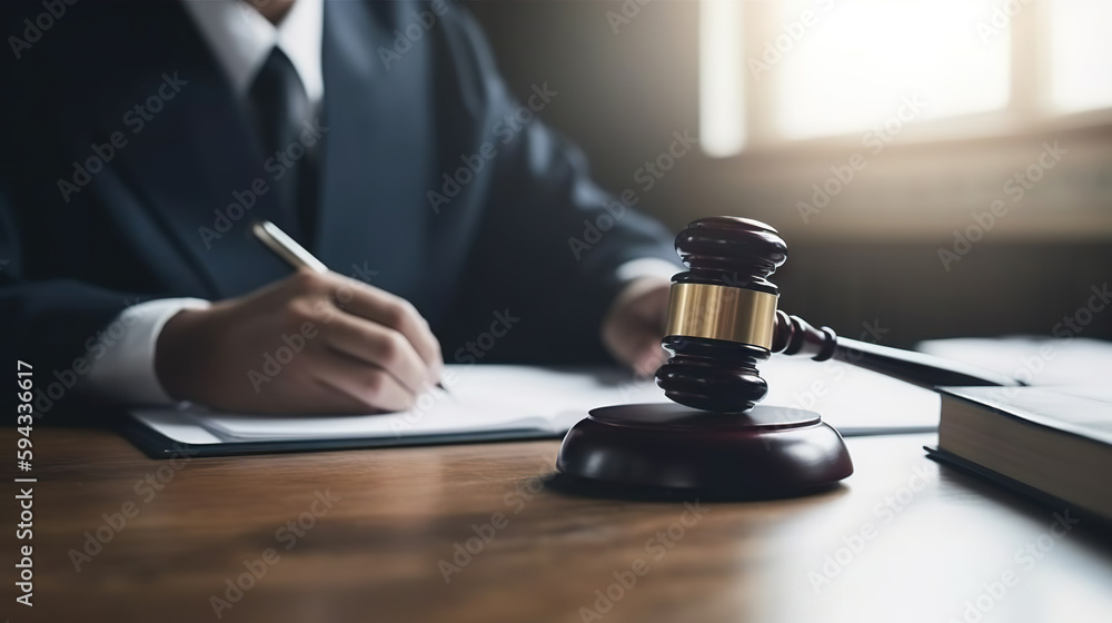 Judge filling out paperwork in the courtroom. Based on Generative AI Judge filling out paperwork in the courtroom. Based on Generative AI