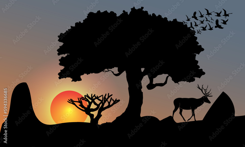 silhouette of a dear in sunset vector.