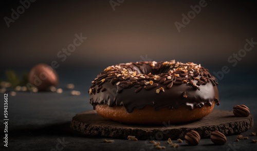  a chocolate donut with nuts on a piece of wood on a dark background with a few more donuts on the side of it. generative ai