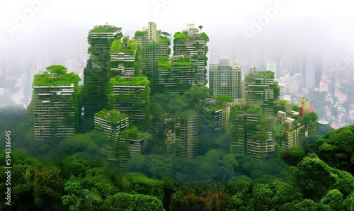  a group of tall buildings surrounded by trees in a city with a foggy sky behind them and a foggy sky above them, with a few buildings in the foreground. generative ai