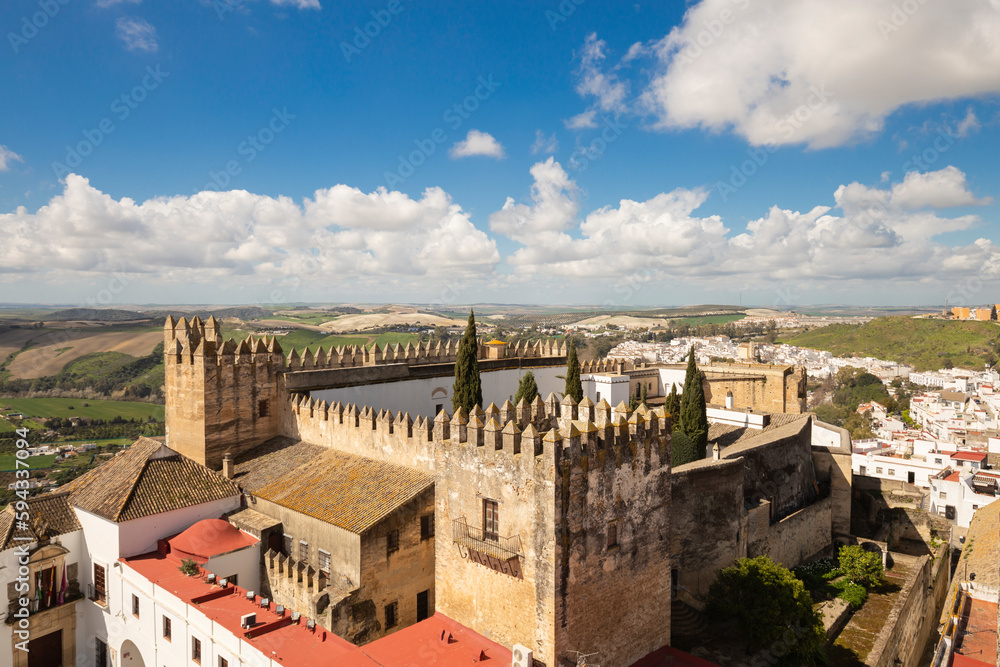 Panoramic view of Parador Fortress on Plaza de Cabildo in the white city of Arcos de la Frontera, in the province of Cadiz, Spain