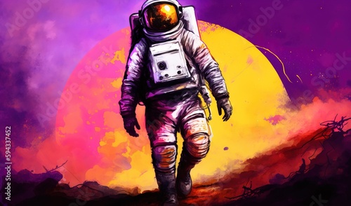  a painting of a man in a space suit walking on a hill with a sun in the background and a purple and yellow sky behind him. generative ai