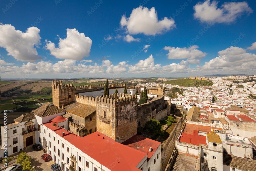 Panoramic view of Parador Fortress on Plaza de Cabildo in the white city of Arcos de la Frontera, in the province of Cadiz, Spain