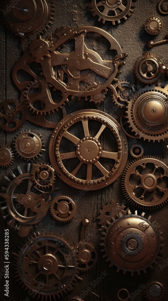 A background of gold steampunk gears and cogs. Generative AI. 