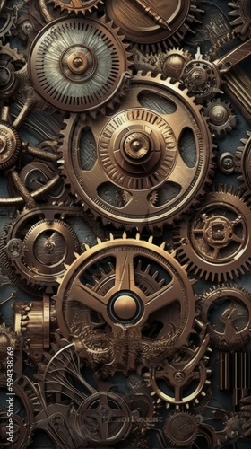 A background of gold steampunk gears and cogs. Generative AI. 