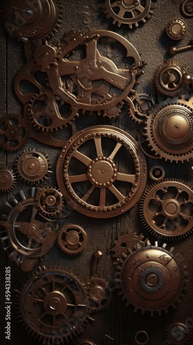 A background of gold steampunk gears and cogs. Generative AI.  © Elle Arden 