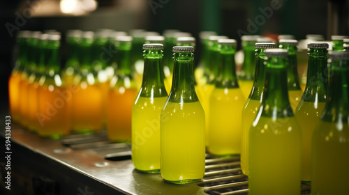 soda water with citrus juice, production of lemonade in glass bottle generative ai