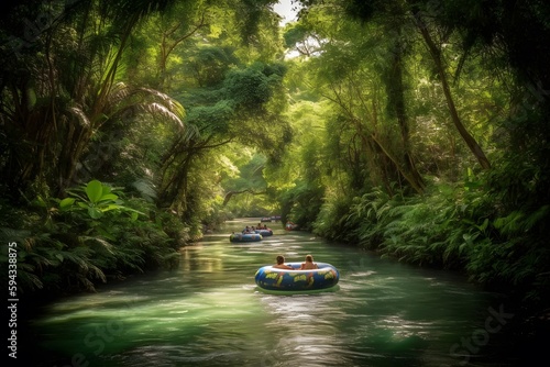 A serene image of a lazy river float, where people of all ages drift leisurely along a winding, tree-lined river on colorful inflatable tubes (Generative AI) © luki009