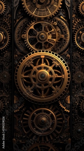 A background of gold steampunk gears and cogs. Generative AI. 