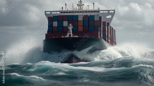cargo ship with containers in ocean, international sea delivery generative ai