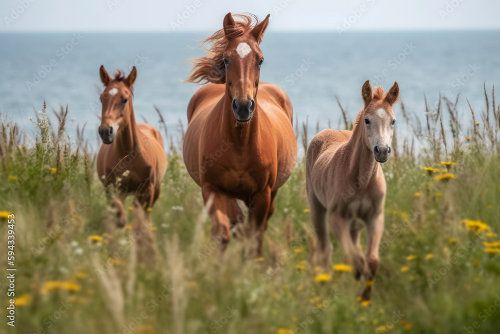 family of wild meadow horses generative ai