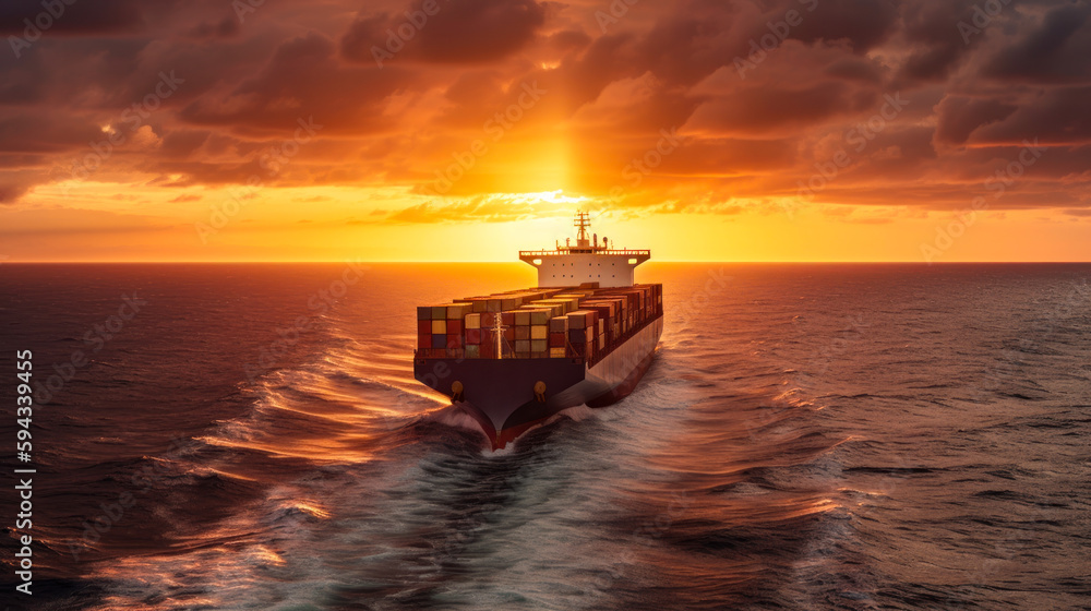 cargo ship with containers in ocean, international sea delivery on sunset sky background generative ai