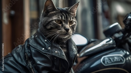 A cat wearing a black leather jacket and riding a motorcycle realistically