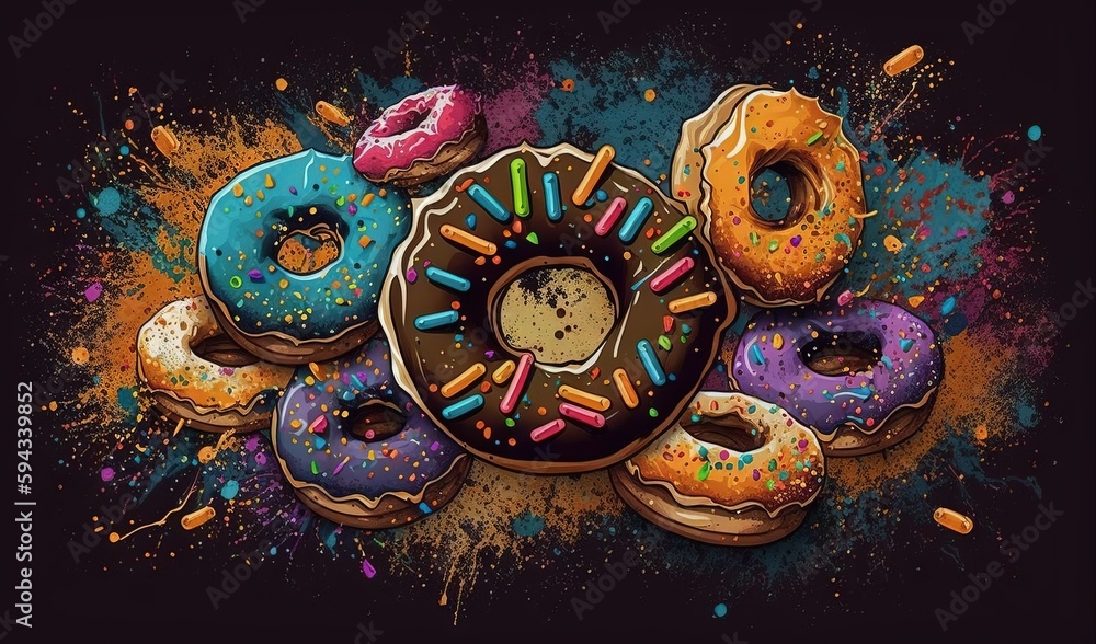  a bunch of doughnuts with sprinkles on a black background with a splash of paint on the bottom of the image.  generative ai
