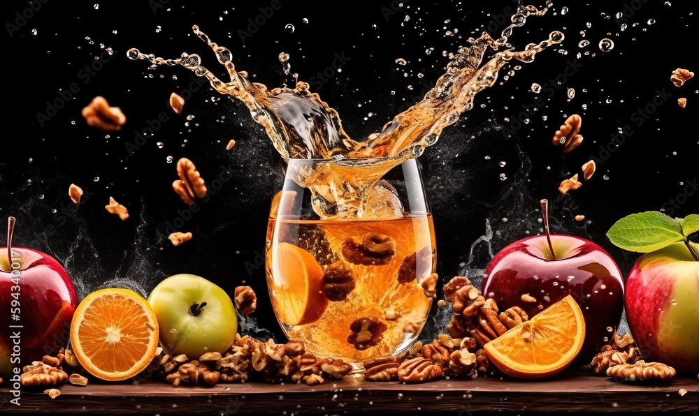 an apple, oranges, and walnuts are splashing into a glass of water with