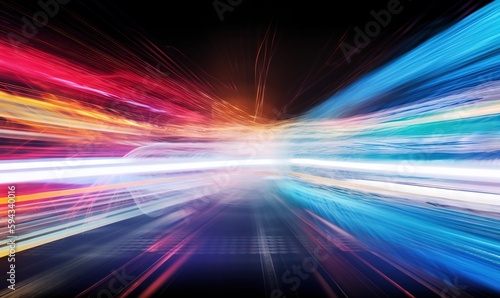  an abstract image of a colorful light streaks in the dark sky with a black background and a black background with a white line in the middle of the image. generative ai