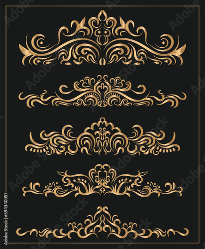 Unique and creative golden color flower ornament text dividers, arrows, flourishes and laurel vector design elements set for decoration With Black background.