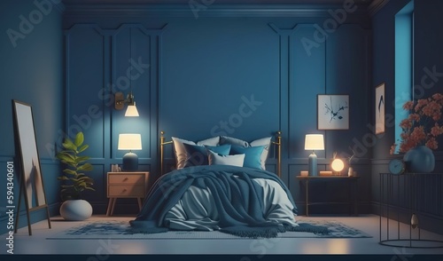  a bedroom with blue walls and a bed with a blue comforter and a blue blanket on top of the bed and a mirror on the wall. generative ai