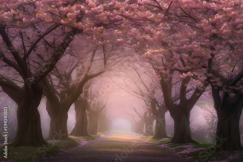A breathtaking image of a cherry blossom canopy  where delicate  pink-hued blossoms blanket the branches of ornamental cherry trees in full bloom  Generative AI 