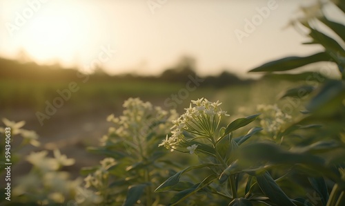  the sun is setting over a field of flowers in the foreground, with a field of grass in the background, and a field of trees in the background. generative ai