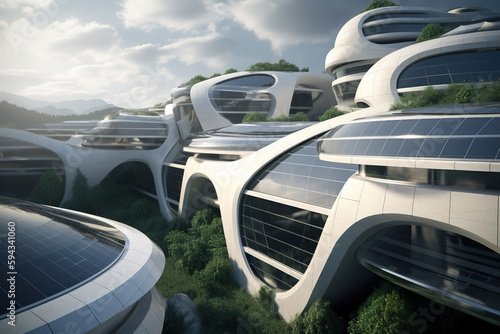 Futuristic ecological houses of future exterior. Smooth forms of building in nature, modern architecture. Generative AI © Sergio