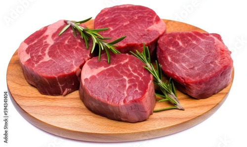  four pieces of raw meat on a wooden plate with a sprig of rosemary on top of them on a white background with a white background.  generative ai