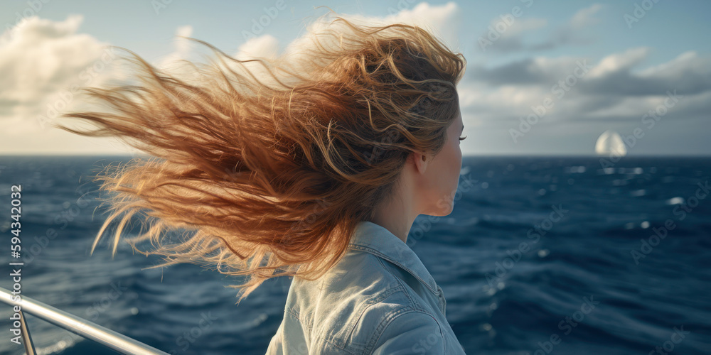 © Poter - a girl on a yacht enjoys the sea her hair is inflated by the wind back view, travel ocean trip generative ai © Poter - a girl on a yacht enjoys the sea her hair is inflated by the wind back view, travel ocean trip generative ai
