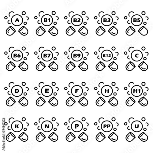 Different vitamins in pills form. A, B1, B2 , B7, C, K, P and other vitamins in capsules. Vector