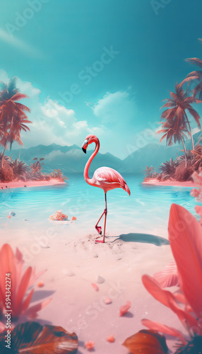 A whimsical flamingo in a beautiful tropical fantasy.