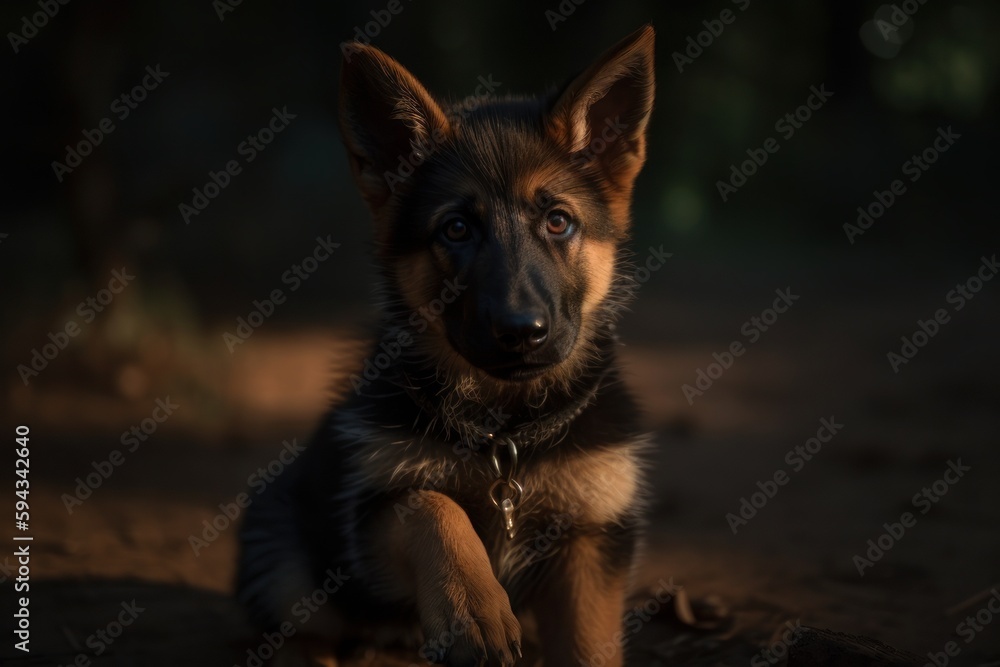 A German Shepherd puppy captured in an environmental portrait, offering its paw, with a beautiful park setting in the background, with generative AI technology