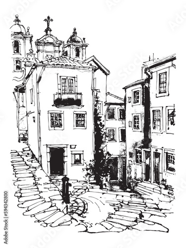 Lisbon Portugal Watercolor Travel Sketch. Lisbon cityscape. Portugal Architecture. Streets of the old city