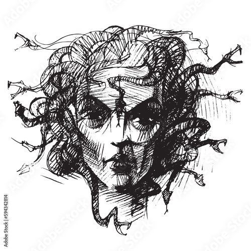 Medusa Gorgon. Greek mythology. Head of a woman with snakes. Magic power