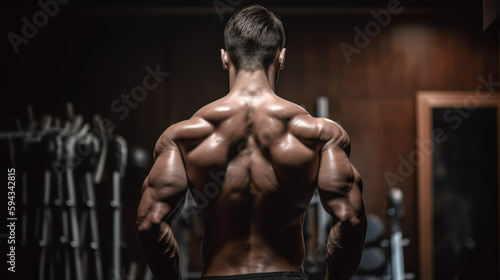 muscular man back view of a bodybuilder athlete in dark background generative ai