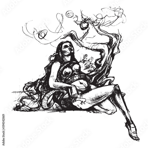 Figure of naked Eve with the Serpent in the Garden of Eden. Tree of knowledge. Temptation apple. Seduction of Eve. Forbidden fruit