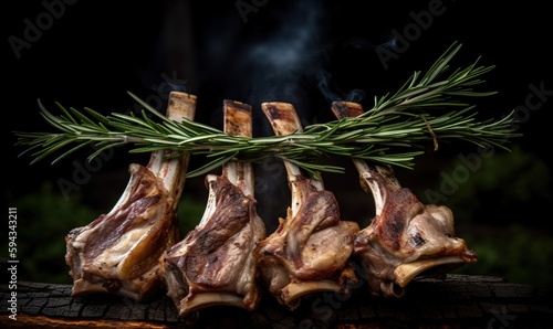  a bunch of raw meat with a sprig of rosemary on top of it on a wooden table with smoke coming out of it. generative ai