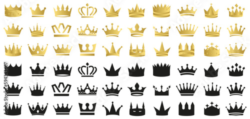 Set of golden and black crown icons. Golden and black crown symbol collection