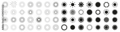 Set of sun and sunburst shapes. Sun icons and sunbeam collection