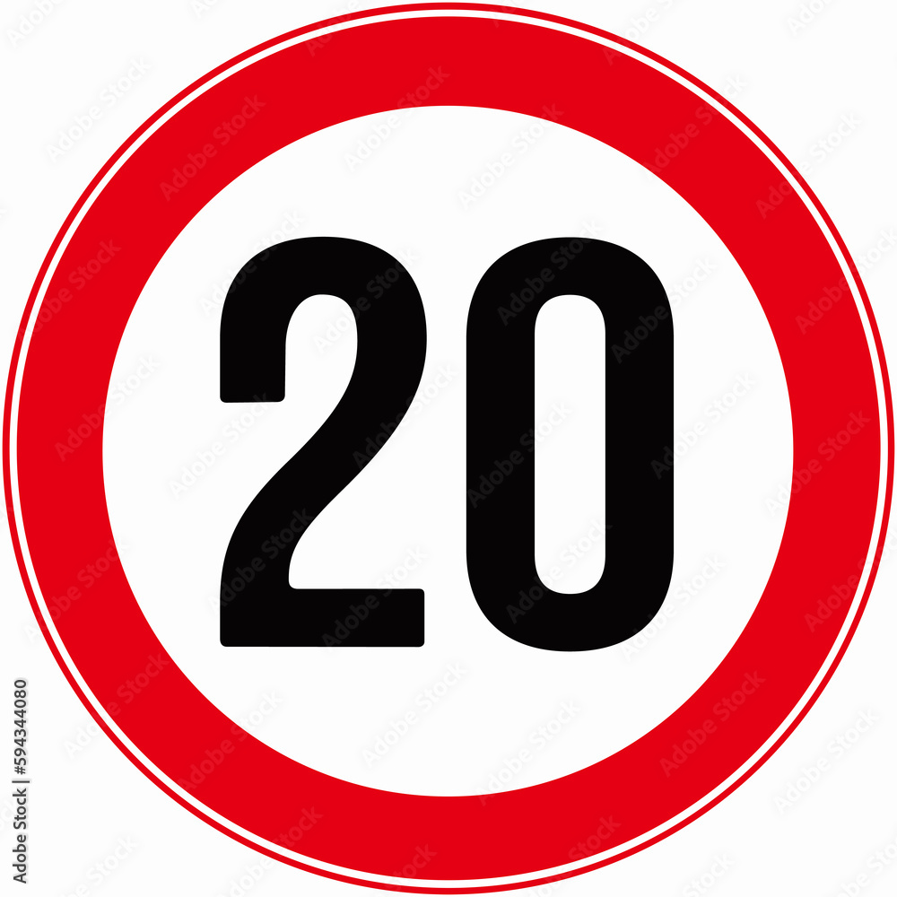 A traffic sign that means : maximum speed 20 kilometers per hour . Speed limit 20 Km/h A traffic sign that means : maximum speed 20 kilometers per hour . Speed limit 20 Km/h
