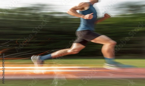  a blurry photo of a man running on a track with trees in the backgrouds in the background and a blurry image of a man running on the ground. generative ai