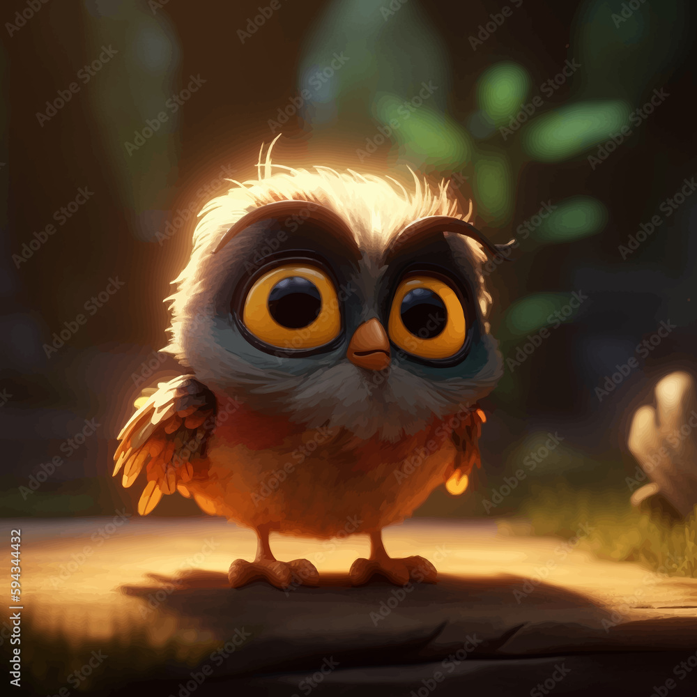 Adorable Brown owl. Cute little cartoon bird with big eyes in the forest. Fairy tale character. Fantasy petite bird. 3D illustration