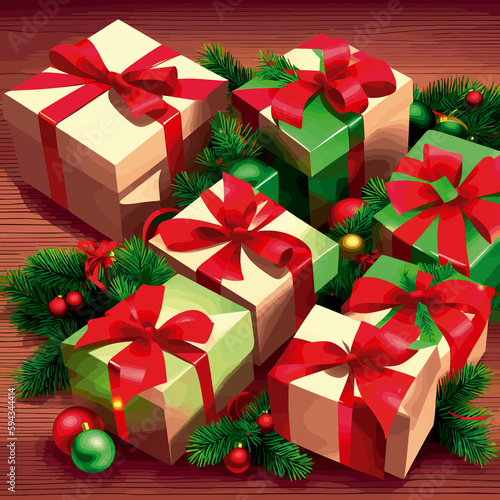 gift boxes with red ribbons and christmas tree toys on a wooden background